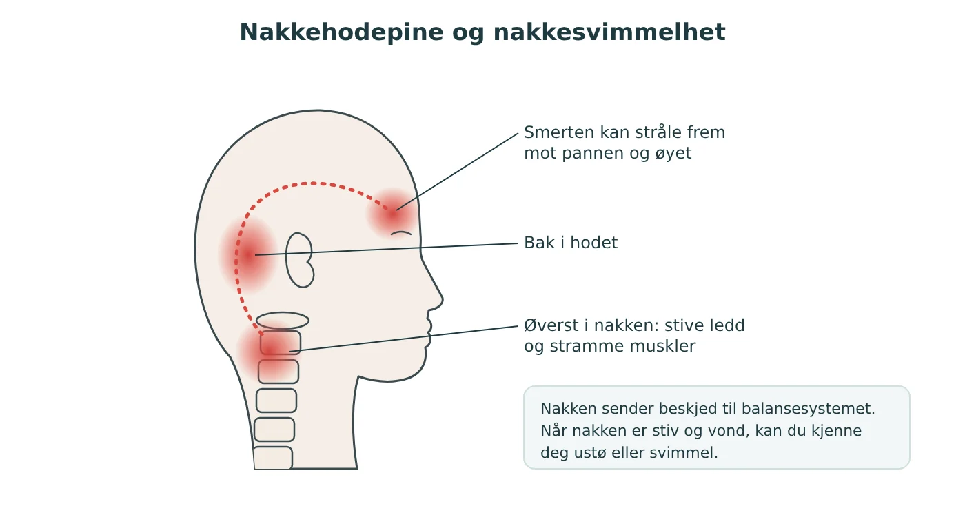 Illustrasjon av hodet fra siden med øverste del av nakken, og hvordan smerten stråler bak i hodet og frem mot øyet